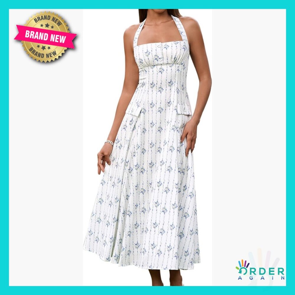 Floral Halter Corset Midi Dress Flowy A-Line Boho Wedding Guest Sundress